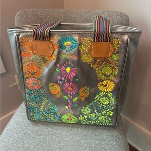 Consuela Silver Tote with Multicolor Embroidery